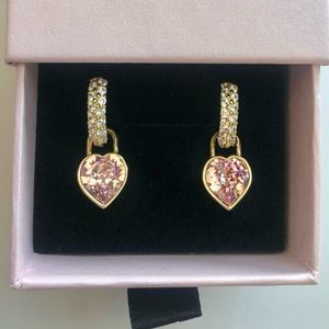 Pave Small Diamond Huggie Hoops with Swarovski Heart Charm Padlock Earring 14K g